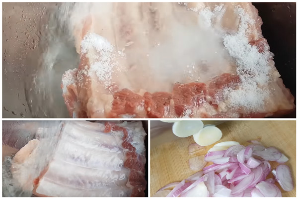 Thịt sườn rửa với muối để khử bớt mùi hôi