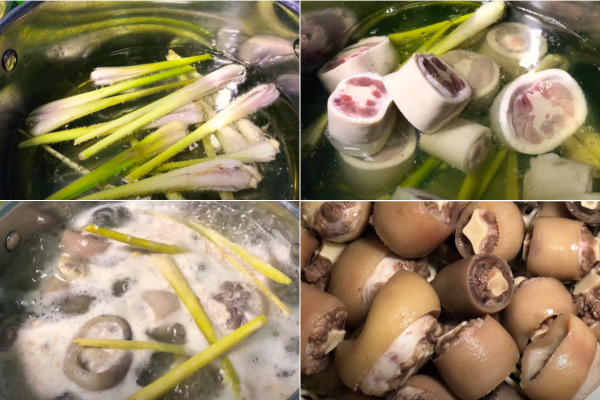 Luộc sơ đuôi bò cùng sả rồi rửa lại