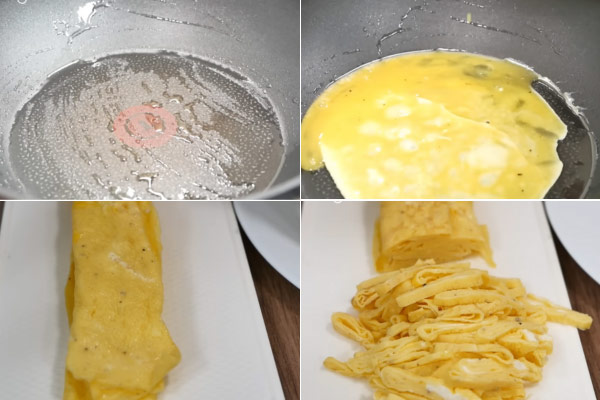 Cắt trứng chiên thành sợi mỏng đẹp mắt