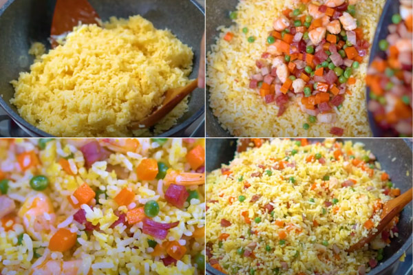 Chiên cơm với các nguyên liệu cho thấm đều