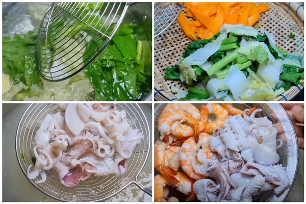 Chần sơ các nguyên liệu trước khi xào