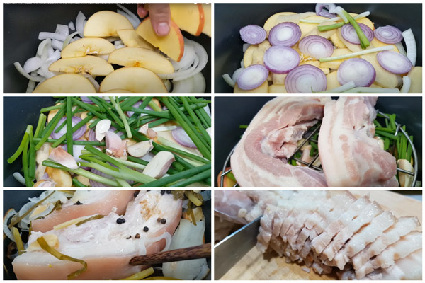 Hấp thịt làm bánh tráng cuốn thịt