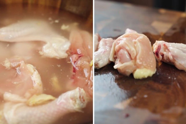 Sơ chế gà thật kỹ và chặt từng miếng vừa ăn