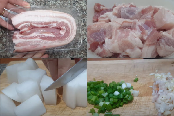 Sơ chế các nguyên liệu để nấu món thịt kho củ cải