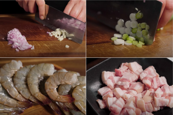 Sơ chế các nguyên liệu để làm tôm rang thịt ba rọi